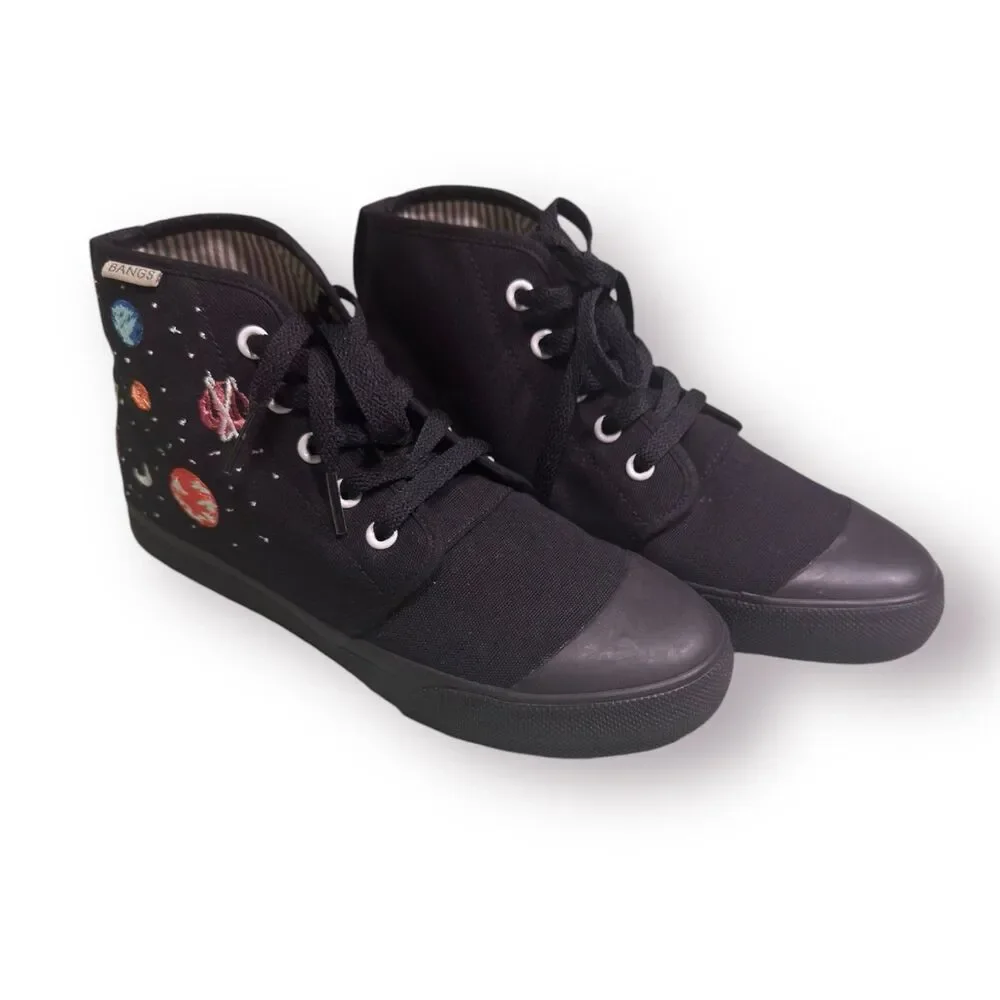 Bangs Black Planets‎ Hightop Canvas Rubber Sole Lace Up Shoes Women 6.5 Men 5